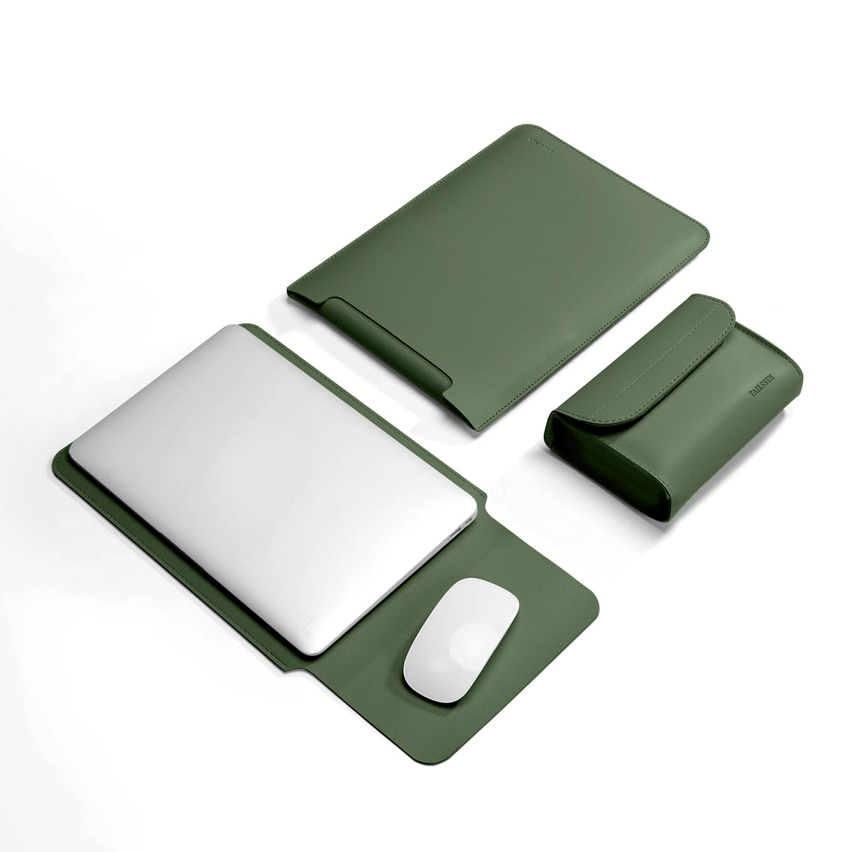 Dunkelolivgrüne Premium-PU-Laptophülle für MacBook oder Tablet, mit integrierter Maus.