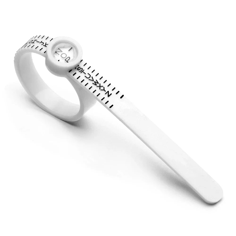 A white ring sizer and measuring tool with a magnifier, shown from the side.