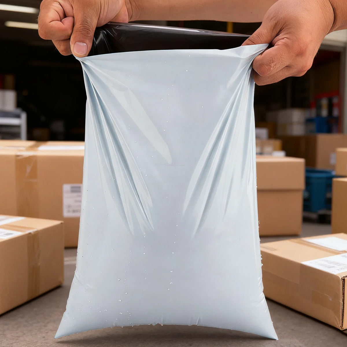 Hands are sealing a clear plastic shipping bag with a black top, demonstrating durable self-seal packaging.
