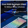 A transparent mechanical keyboard with RGB backlight effects is shown on a dark surface.