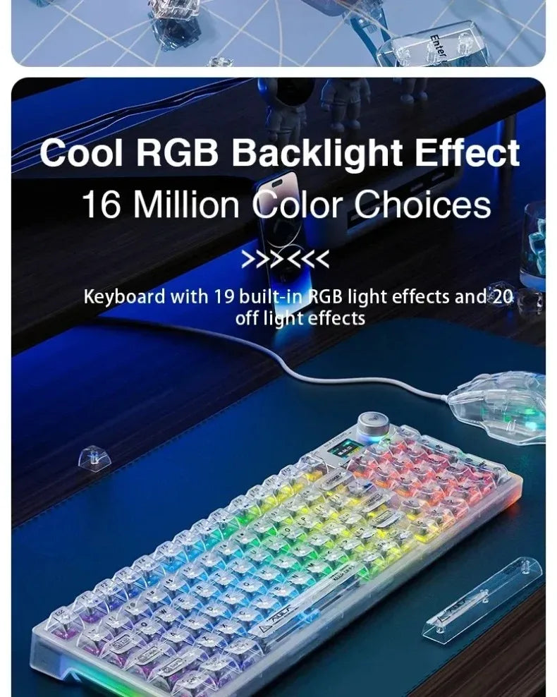 A transparent mechanical keyboard with RGB backlight effects is shown on a dark surface.