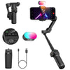 A portable smartphone gimbal stabilizer with a grip, a camera mount, and a charging cable.