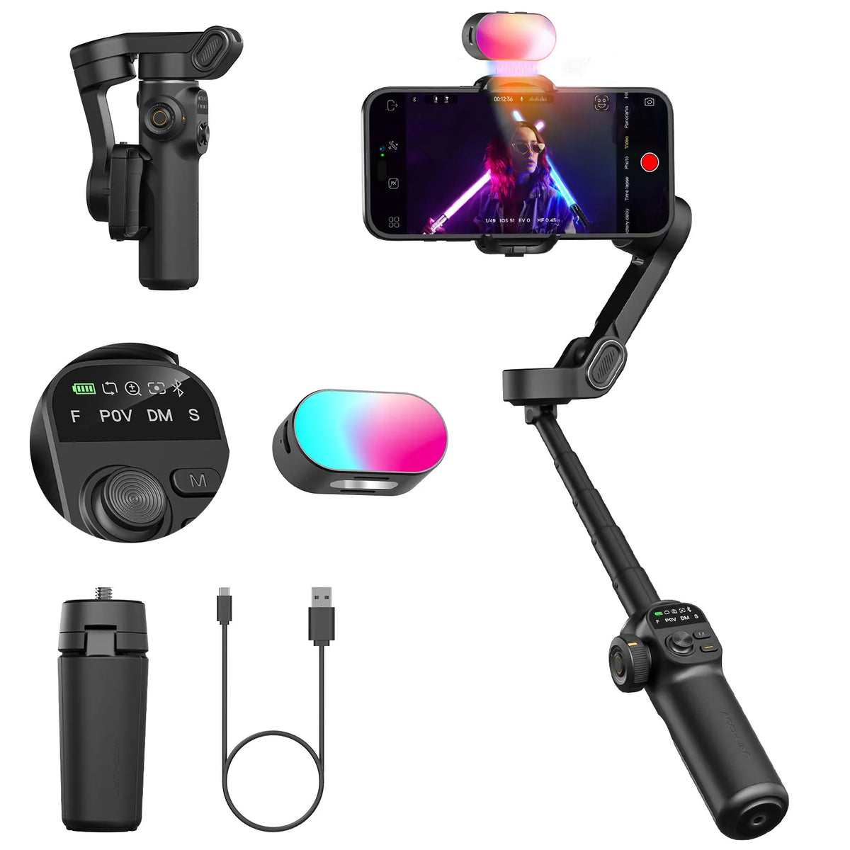 A portable smartphone gimbal stabilizer with a grip, a camera mount, and a charging cable.
