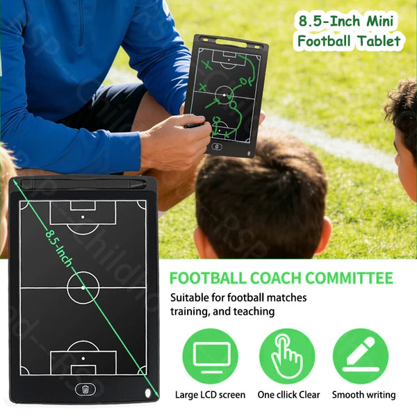 An 8.5-inch mini football tablet is shown being used outdoors for coaching, displaying a field diagram.