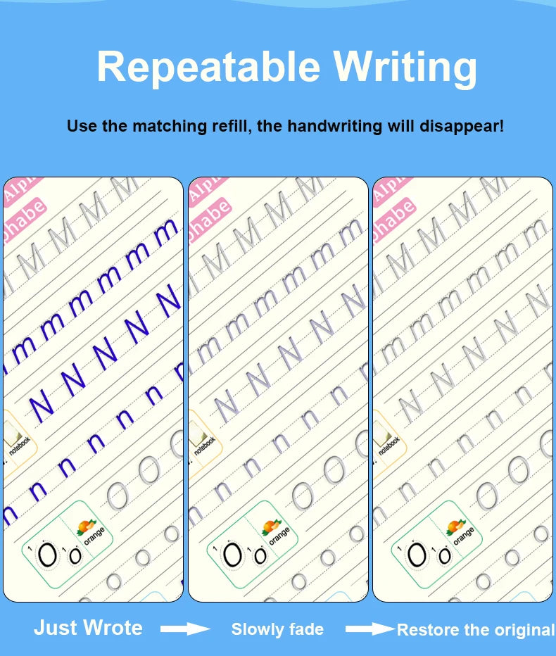 A demonstration of repeatable writing where a matching refill makes the handwriting disappear.