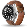 A brown leather watch with a silver casing and black face displaying the time.