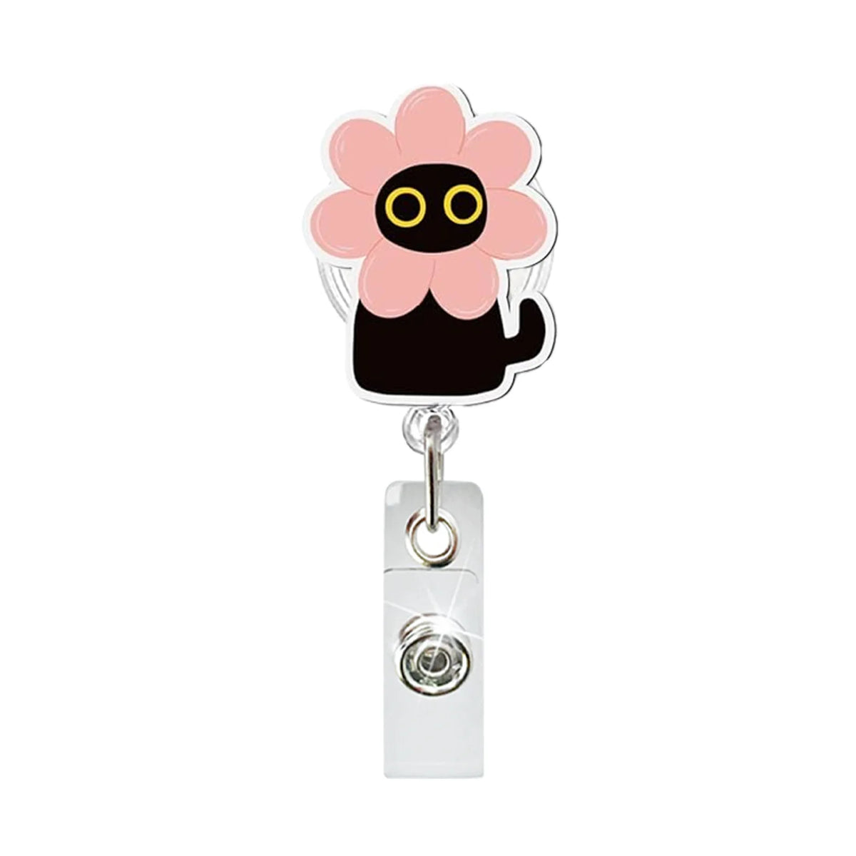 A pink flower-shaped charm attached to a silver retractable ID badge holder with a crocodile clip.