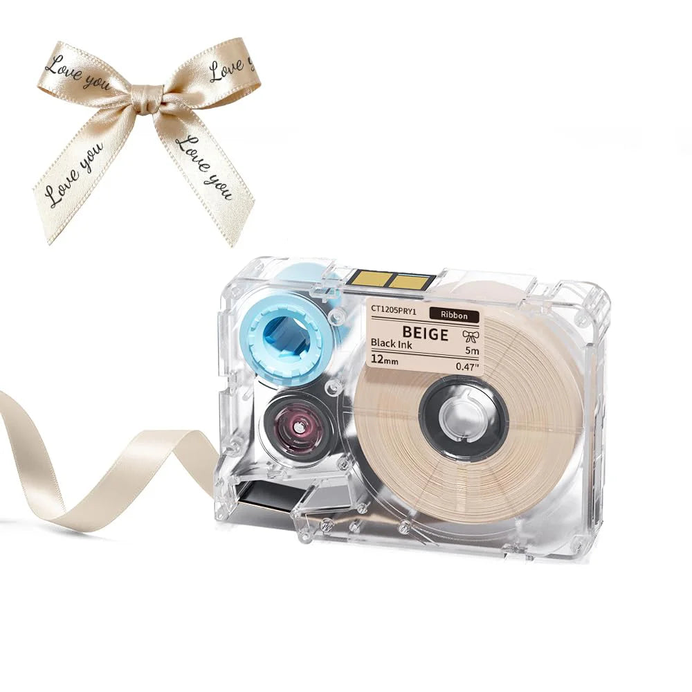 A clear label maker device with a beige ribbon and a bow, showing the components for custom sticker creation.