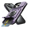 A purple magnetic ring kickstand phone case shown with a credit card inside.