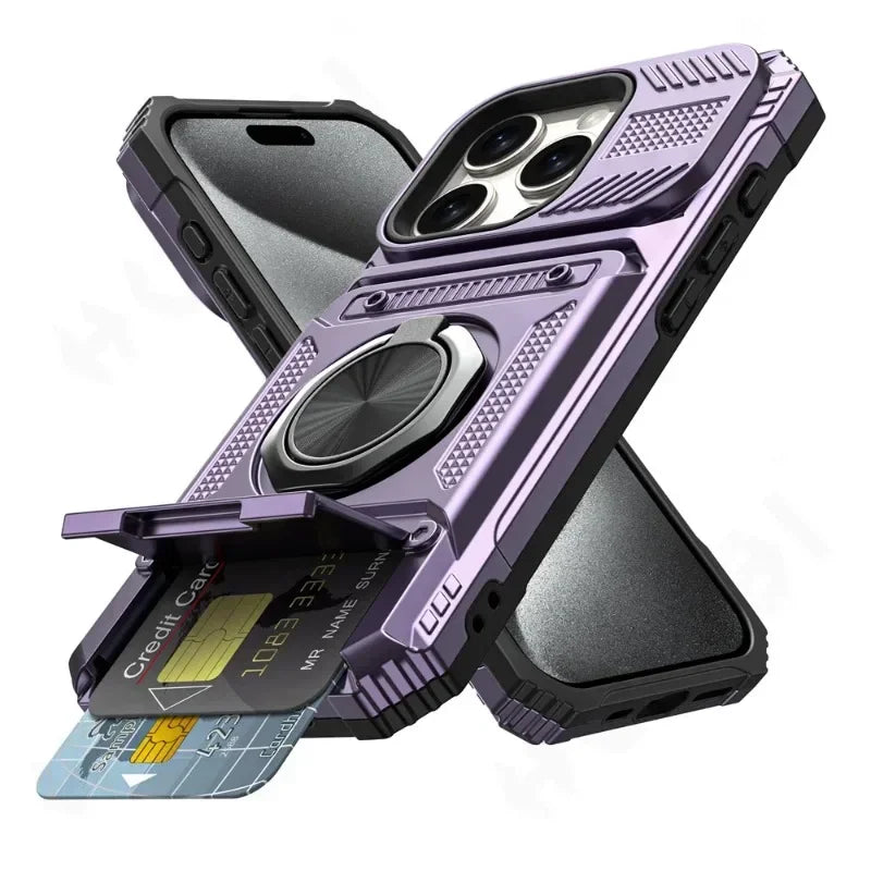 A purple magnetic ring kickstand phone case shown with a credit card inside.