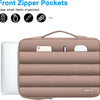 A tan laptop sleeve bag featuring front zipper pockets and padded protection for small items.