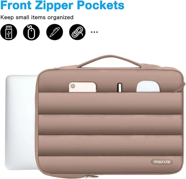 A tan laptop sleeve bag featuring front zipper pockets and padded protection for small items.