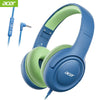 A pair of blue wired headphones with light green earcups and a blue cord shown next to the product.