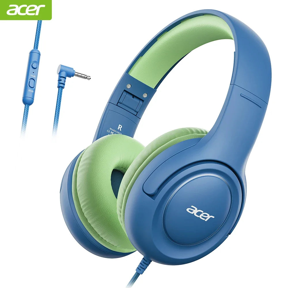 A pair of blue wired headphones with light green earcups and a blue cord shown next to the product.