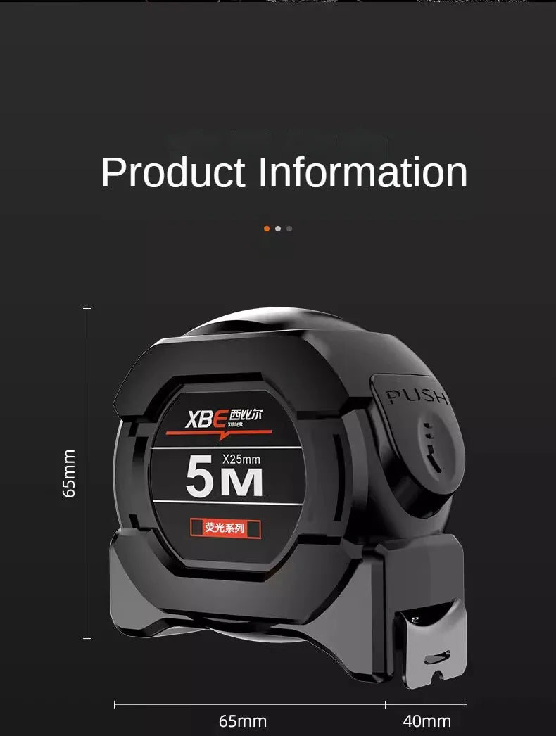 A black self-locking fluorescent steel tape measure with a push button, shown from the side.