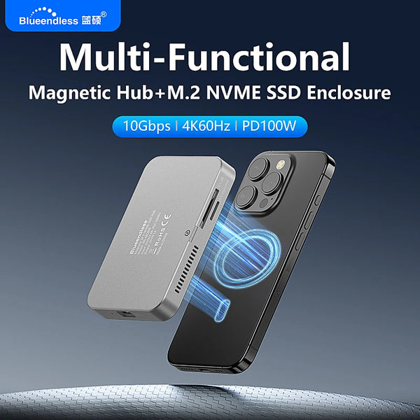 A black smartphone is shown with a magnetic enclosure for an M.2 NVMe SSD, highlighting its multi-functional design.
