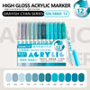 A set of 12 high-gloss acrylic markers in the grayish cyan series, including various shades of blue and cyan.