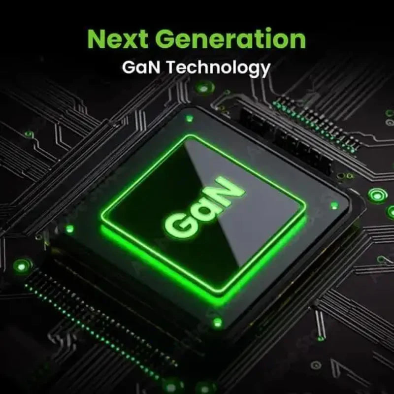 A close-up view of a circuit board with a glowing green GaN technology chip and circuitry.
