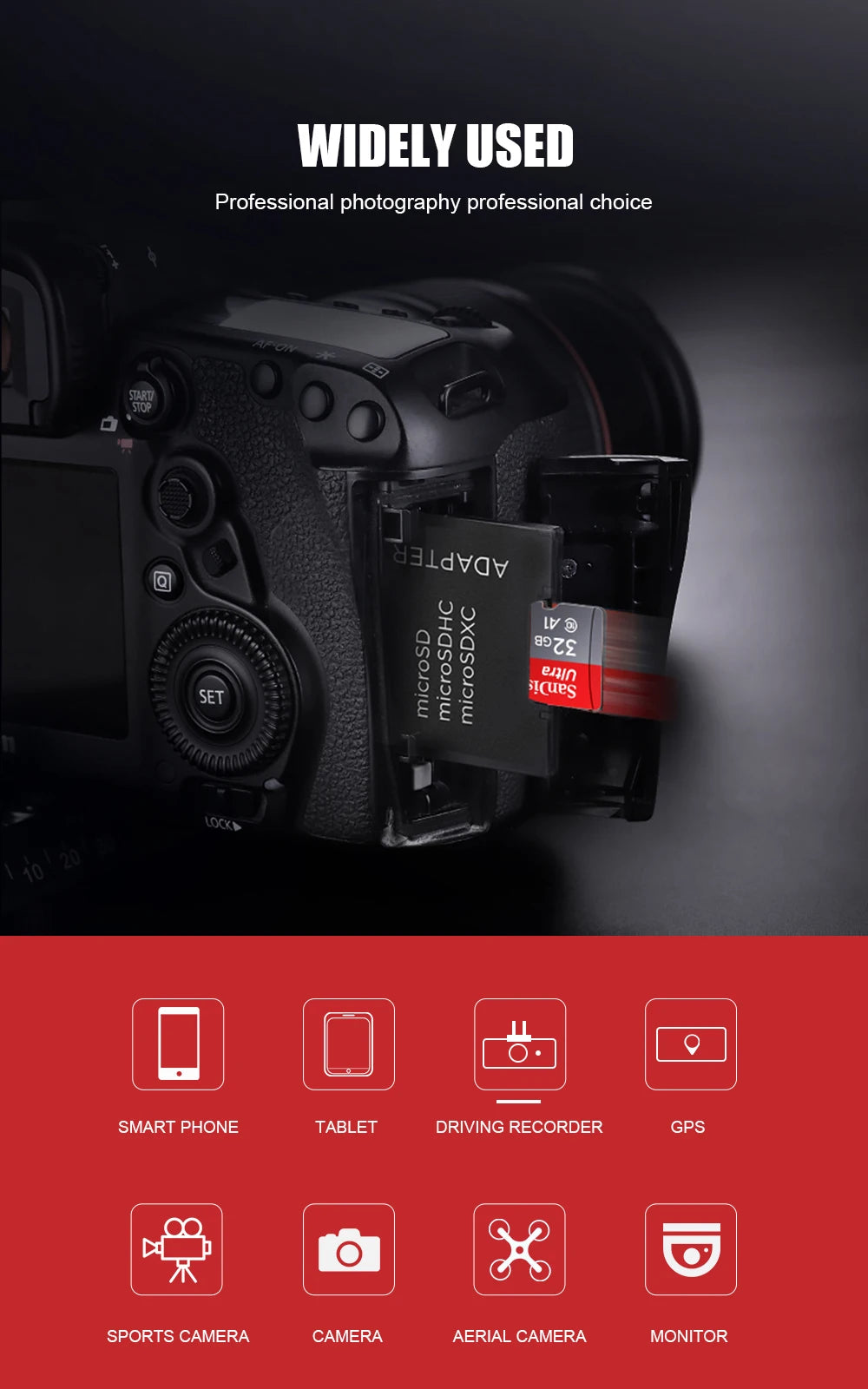 Nahaufnahme eines Adaptermoduls für Hochgeschwindigkeits-SD-Karten für professionelle Fotoausrüstung.