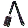 Black and pink paw print patterned card holder lanyard with a neck strap