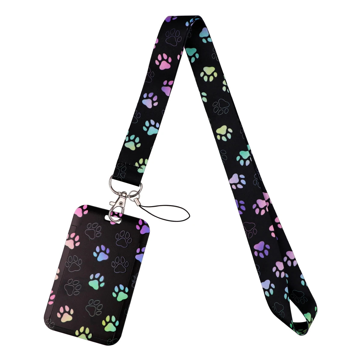 Black and pink paw print patterned card holder lanyard with a neck strap
