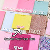 A collection of personalized acrylic badge holders in various colors and text designs.