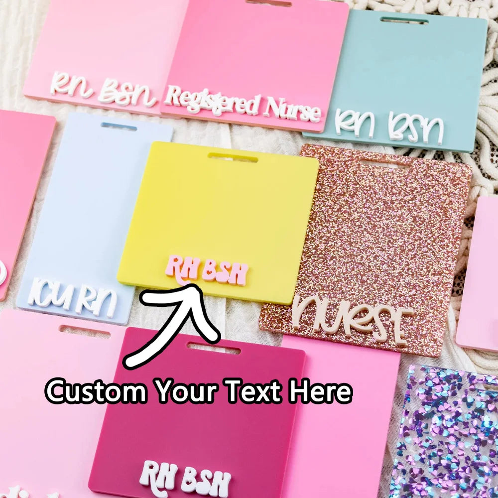 A collection of personalized acrylic badge holders in various colors and text designs.
