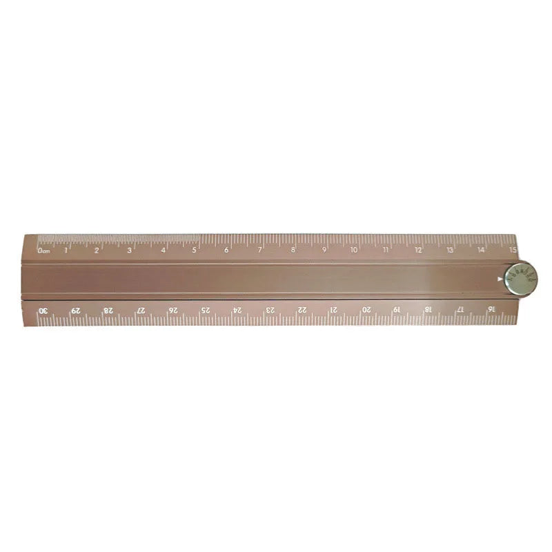 A precision 30cm aluminum folding ruler with millimeter markings and a circular end cap.