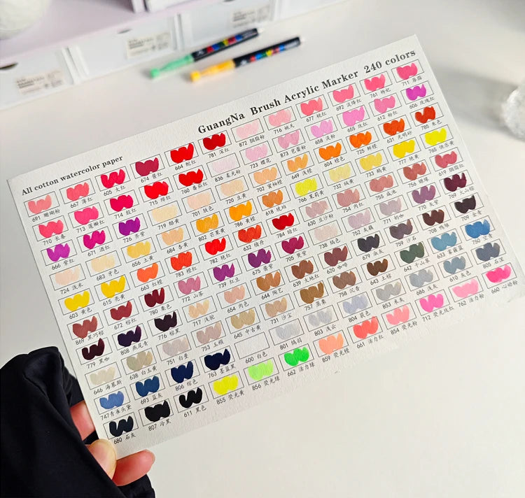 A sheet of GuangNa Brush Acrylic Marker 240 colors showing various shades of pink, red, purple, and green markers.