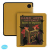 A yellow book cover featuring a dark arts theme with witches and bats.