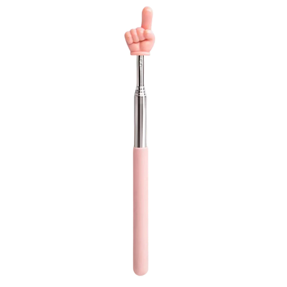 A pink retractable teacher pointer stick with a hand gesture at the top.
