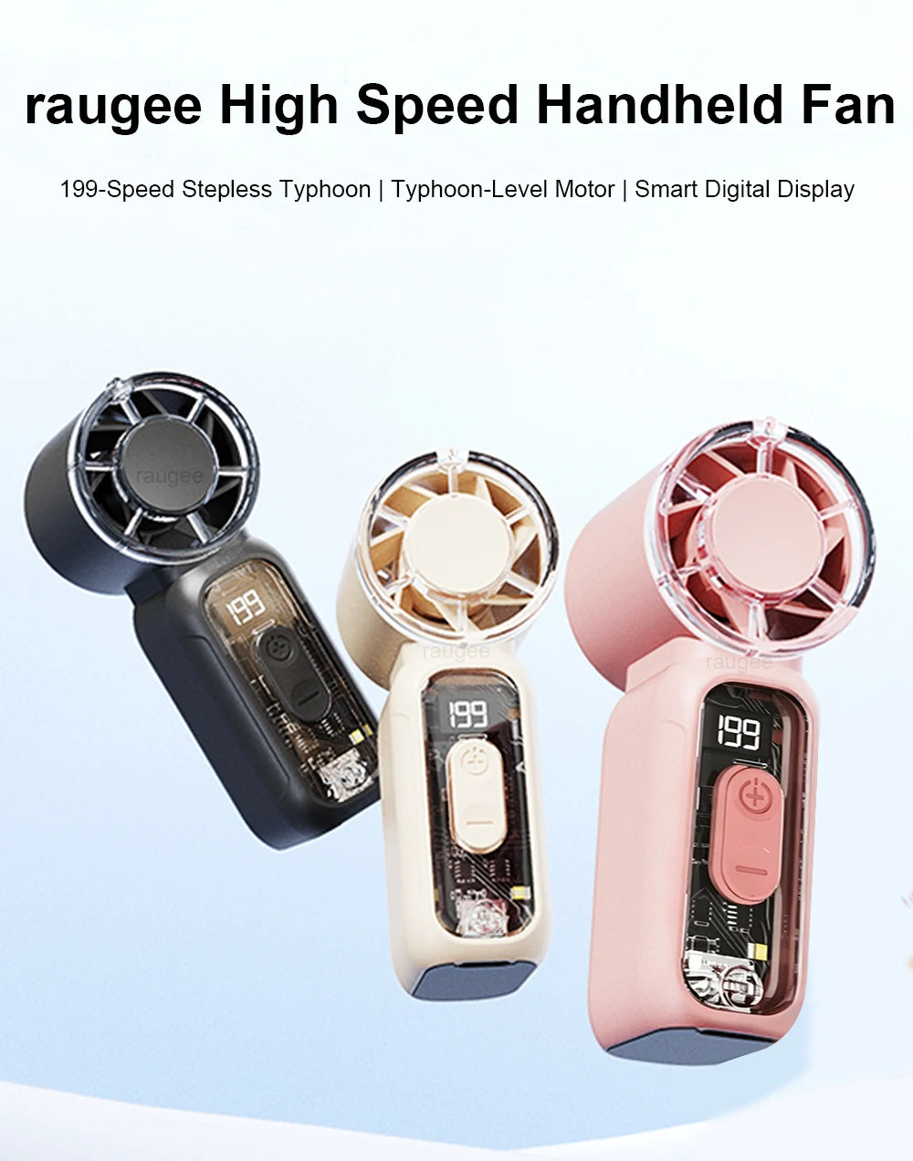 Drei Versionen eines rauen, schnellen Handheld-Ventilators in Schwarz, Beige und Pink, die ihre digitale Anzeige zeigen.