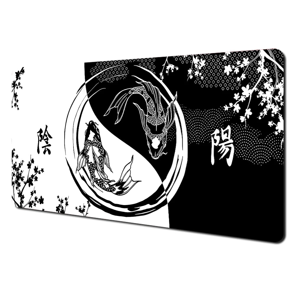 Abstract art desk mat featuring black and white ink style designs with floral elements.