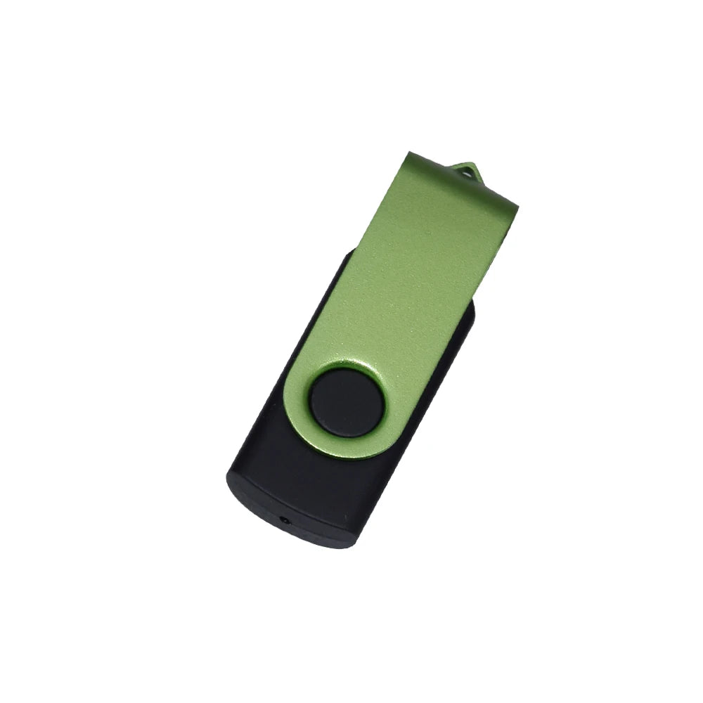 A green and black rotatable USB flash drive with a sliding mechanism.