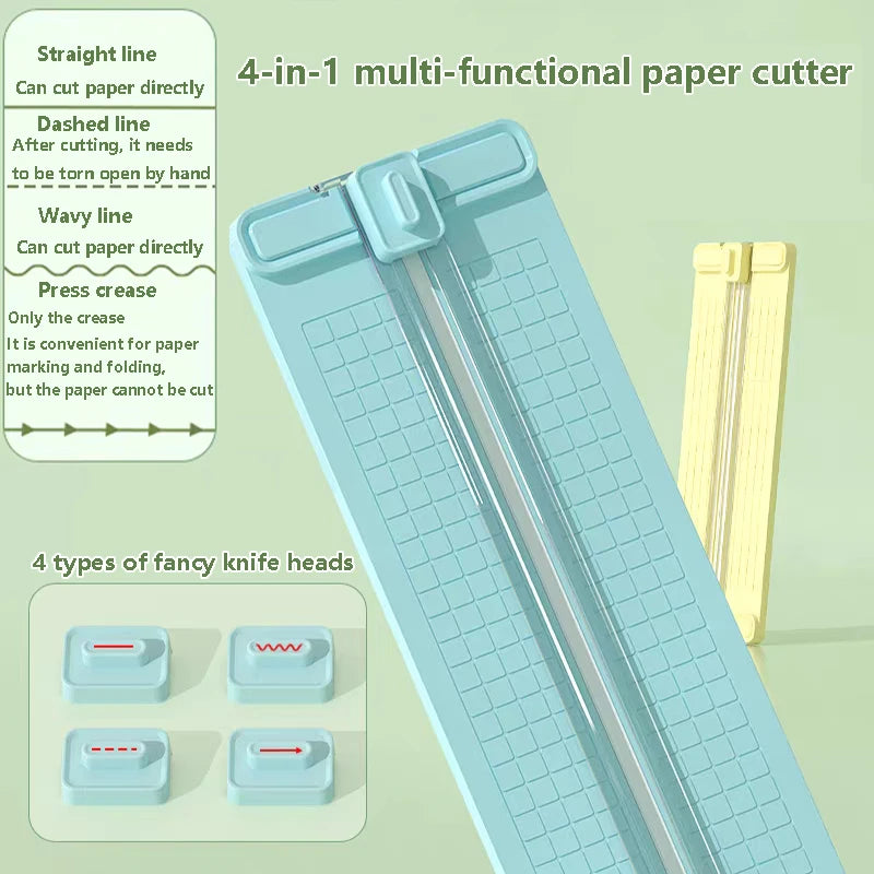 A light blue 4-in-1 multi-functional paper cutter showing different cutting lines and interchangeable knife heads.