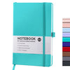A teal notebook with a spine, featuring a cover and pages, is shown standing upright.