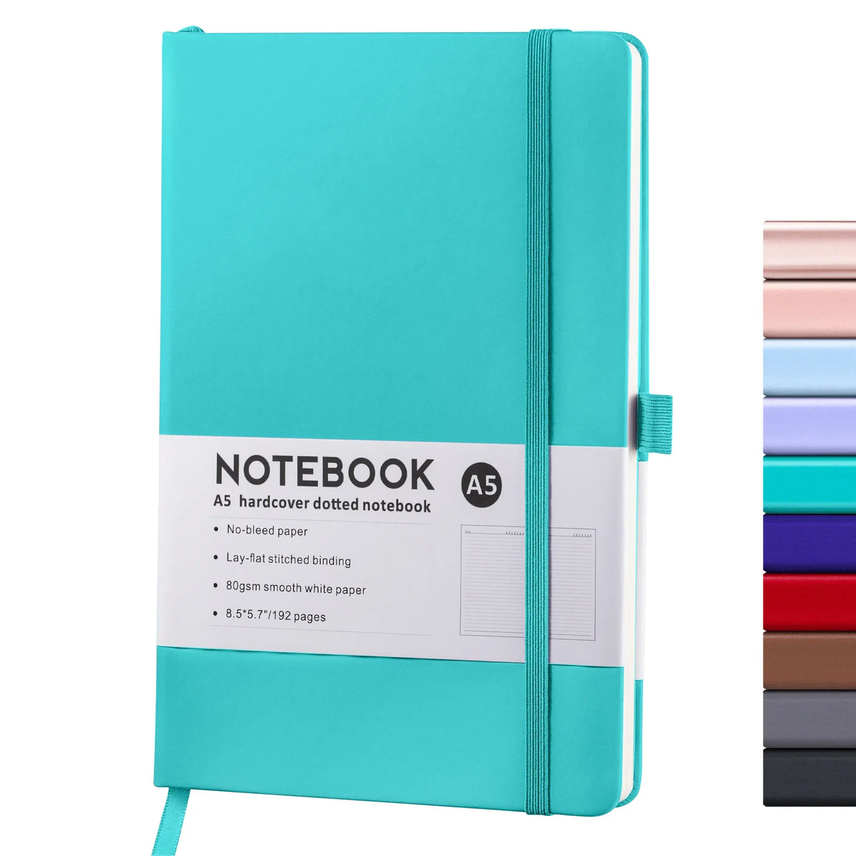 A teal notebook with a spine, featuring a cover and pages, is shown standing upright.