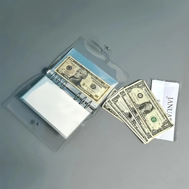 A clear plastic binder holds US dollar bills and a January document.
