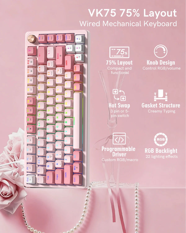 A pink mechanical keyboard featuring a 75% layout, hot-swappable switches, and RGB backlight, displayed on a pink background.