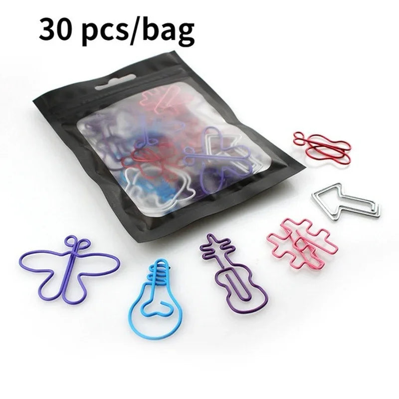 A black bag containing 30 colorful decorative bookmarks and paper clips.