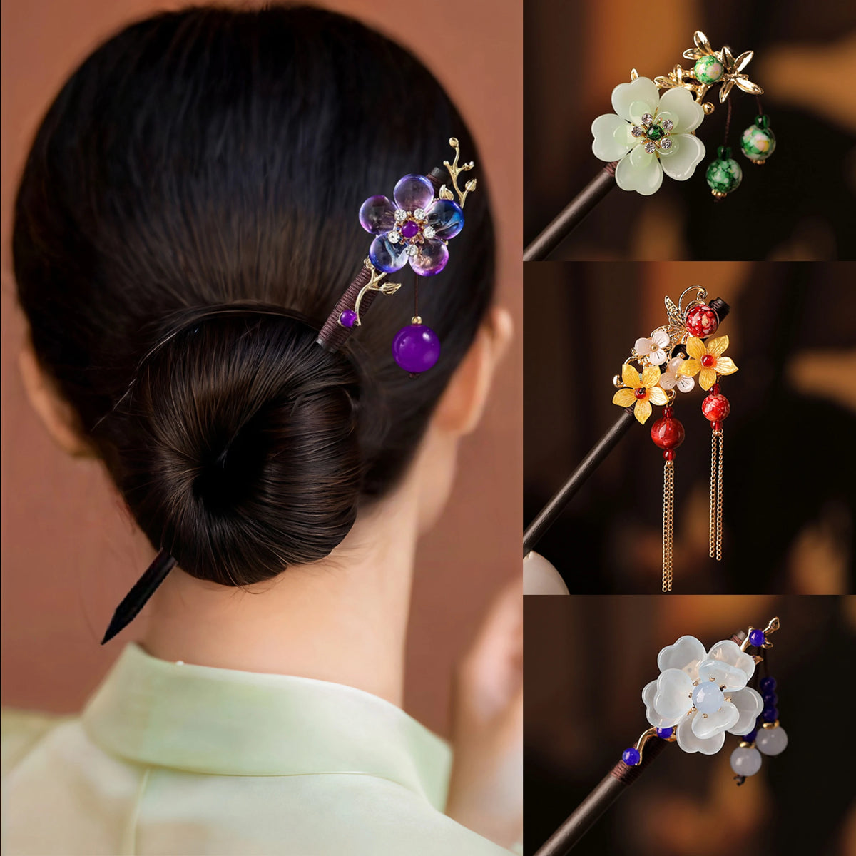 Gros plan sur les cheveux noirs d'une femme, coiffés en chignon avec des accessoires floraux en bois de style chinois rétro, 
