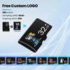 A black high-speed memory card with a custom logo printed on it, shown against a light blue background.