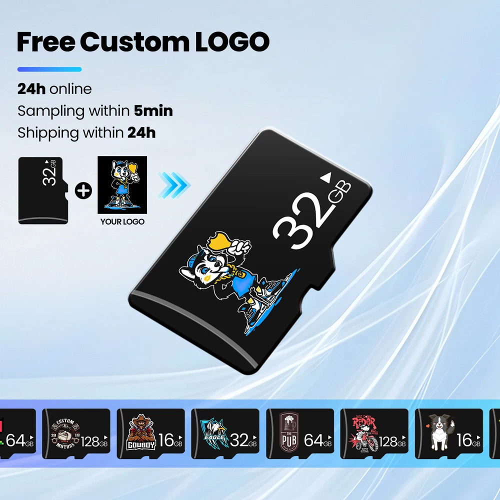 A black high-speed memory card with a custom logo printed on it, shown against a light blue background.