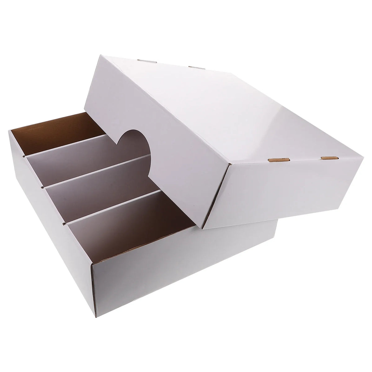 Caja de almacenamiento para cartas con compartimentos, blanca y con tapa bisagra, vista desde un ángulo.