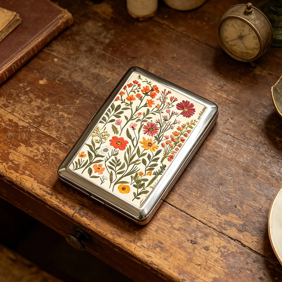 Vintage stainless steel card and cash case with an floral design resting on a wooden surface.