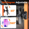 A magnetic phone holder with a 360-degree adjustable clamp is shown in various angles for hands-free use.
