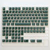 A close-up view of a dark green mechanical keyboard featuring PBT keycaps and a cherry profile.