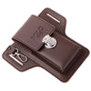 A brown leather waist bag with a flap closure and silver hardware for holding phone and keys.