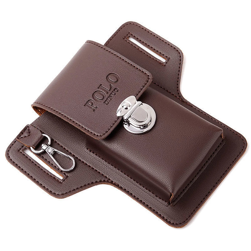 A brown leather waist bag with a flap closure and silver hardware for holding phone and keys.
