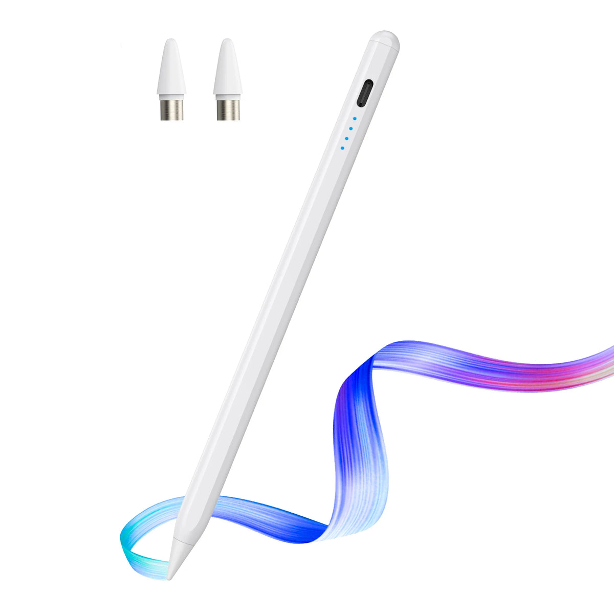 Weißer Kapazitiver Stift mit flexiblem blau-violettem Band neben den Spitzen